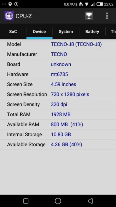 device Info TECNO Boom J8