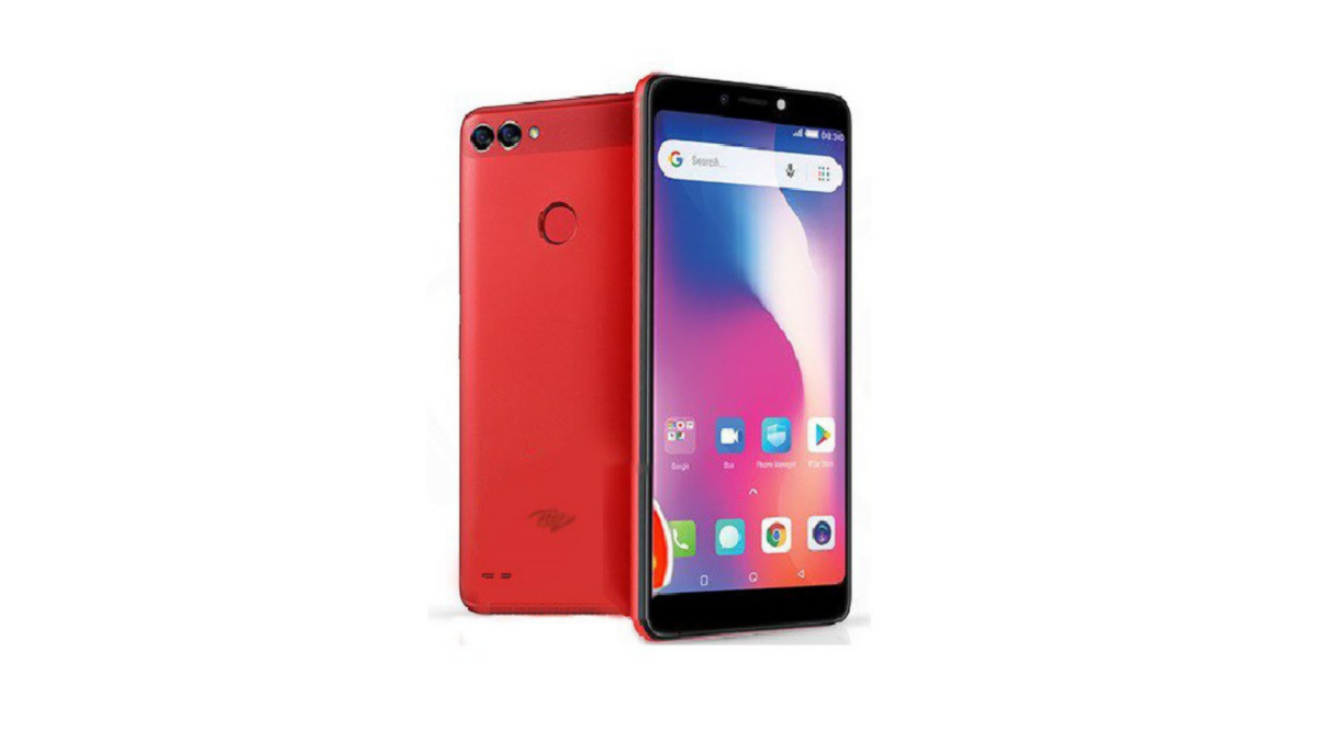 A red Itel S24 smartphone with a waterdrop notch display and dual rear cameras.
