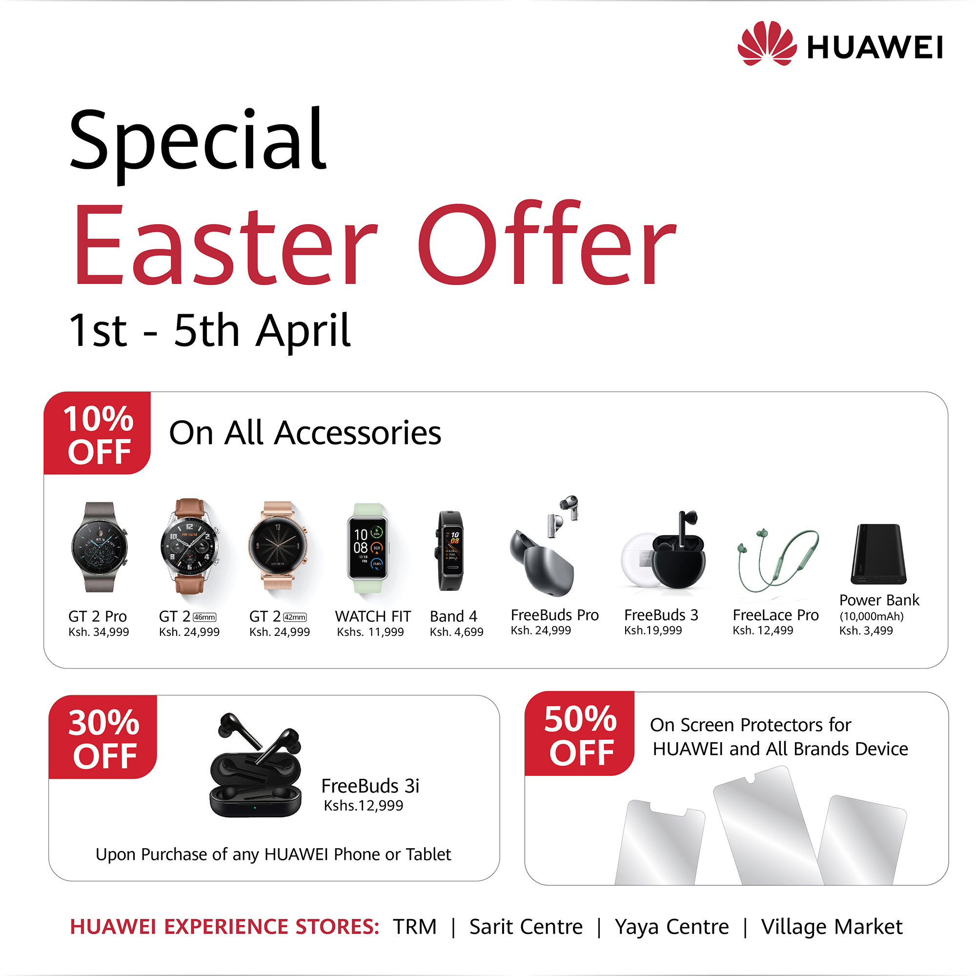 Huawei Mobile has announced it will be running a 5-day campaign that will be offering discounts on a range of their products. These offers can be found at Huawei Experience stores in Nairobi. These stores are in Sarit Centre, Yaya Centre, Village Market, and Thika Road Mall. 