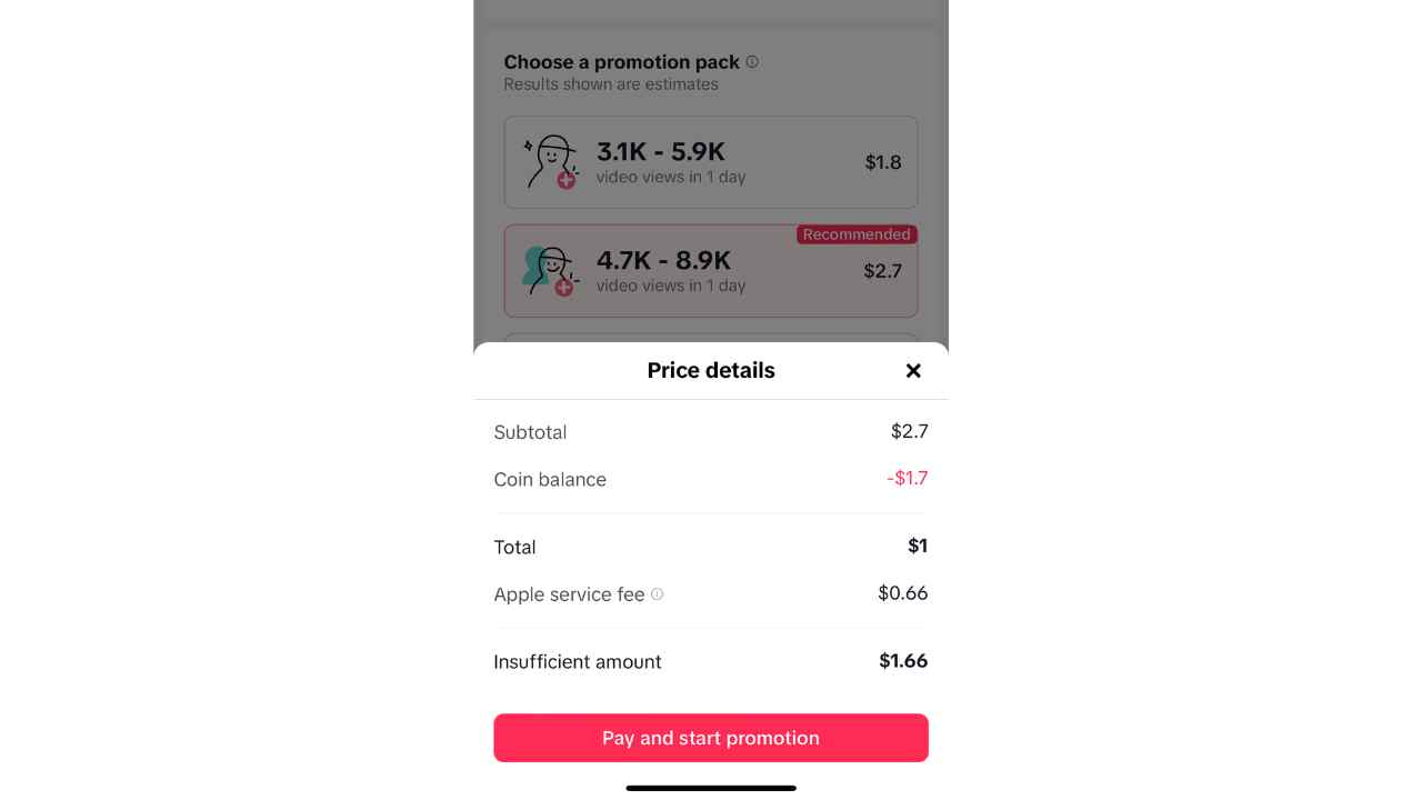 Screenshot showing the Apple service charge applied when purchasing TikTok coins for a promotion. The image highlights the total amount due, including the base cost and the additional service fee charged by Apple, clearly indicating the extra cost beyond the original amount.