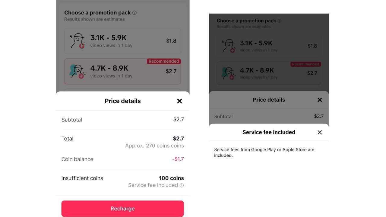 Screenshot showing the payment screen for a TikTok promotion on an Android device, highlighting the total amount due without a detailed breakdown of the Google Play Store service charge. The image emphasizes the inclusion of service fees in the final cost, which is not explicitly itemized