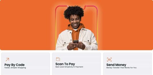 A smiling man using his smartphone, with LOOP app features highlighted below, showcasing options for "Pay By Code," "Scan To Pay," and "Send Money," representing the convenience and simplicity of LOOP's digital payment solutions.