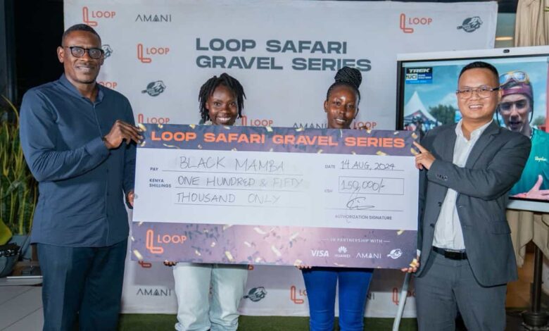 (L-R) Eric Muriuki, CEO of LOOP DFS, awards Dinnah Safari, a Black Mambas representative, the KSH 150,000 winning prize for the winning team. They are joined by Joy Mungai from Team Amani and Andy Luo, Financial Solution Director at Huawei. LOOP Safari Gravel Series Concludes at Vipingo Ridge