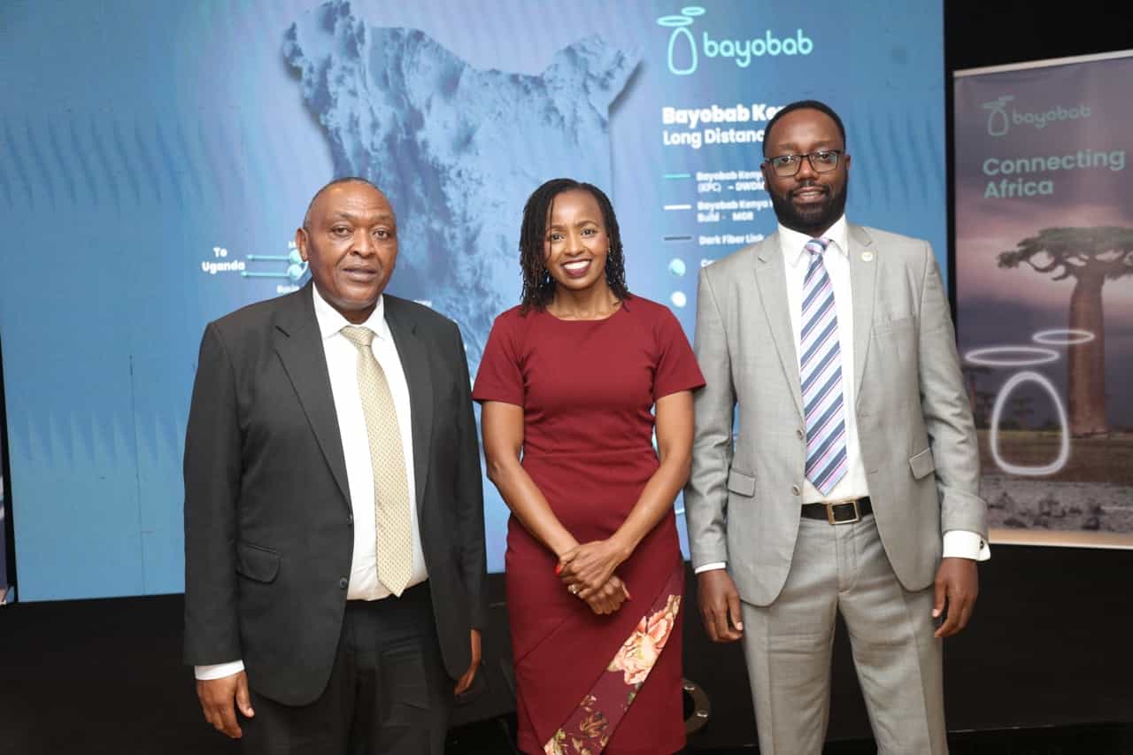 ICT Secretary (Security & Audi) Emmanuel Kata Kimeu (L), Sylvia Anampiu Bayobab Kenya MD, Tespok Kenya James Turuthi at the launch of a multi-million-shilling long-distance fibre network connecting Mombasa to Malaba and Busia. Bayobab Kenya Boosts National Connectivity with New Mombasa-to-Malaba Fibre Network