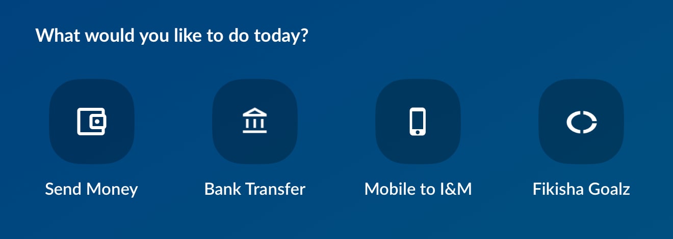 Screenshot of the I&M Bank app showing the main transaction options, including 'Send Money,' 'Bank Transfer,' 'Mobile to I&M,' and 'Fikisha Goalz,' on a blue background.