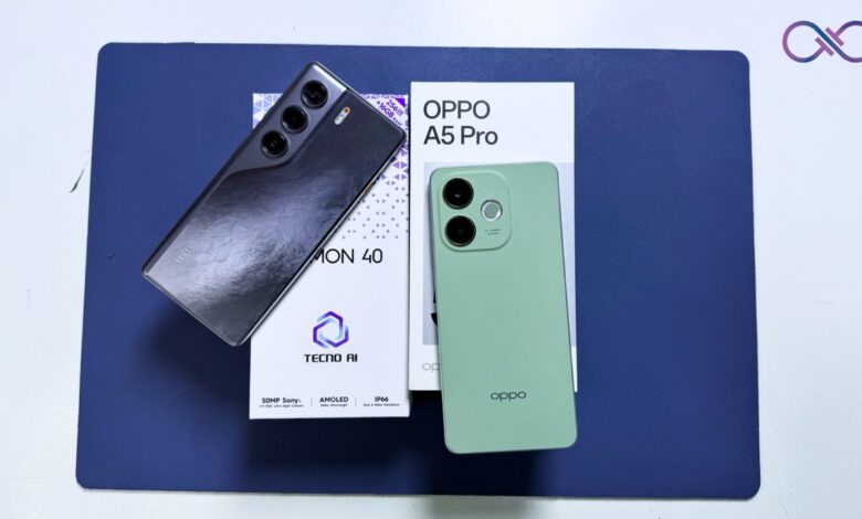 OPPO A5 Pro offers rugged durability and battery life, while TECNO Camon 40 excels in display, cameras, and charging speed.
