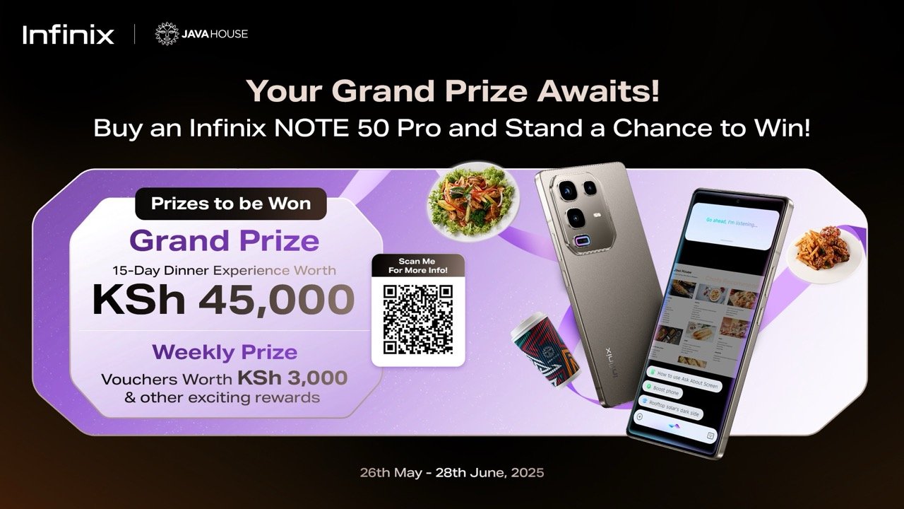Infinix partnered with Java House in Kenya for a NOTE 50 Pro promotion, offering buyers a chance to win dining experiences.