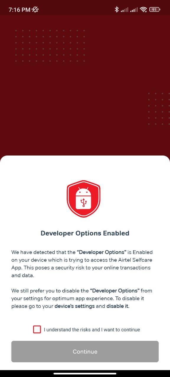 My Airtel app developer options