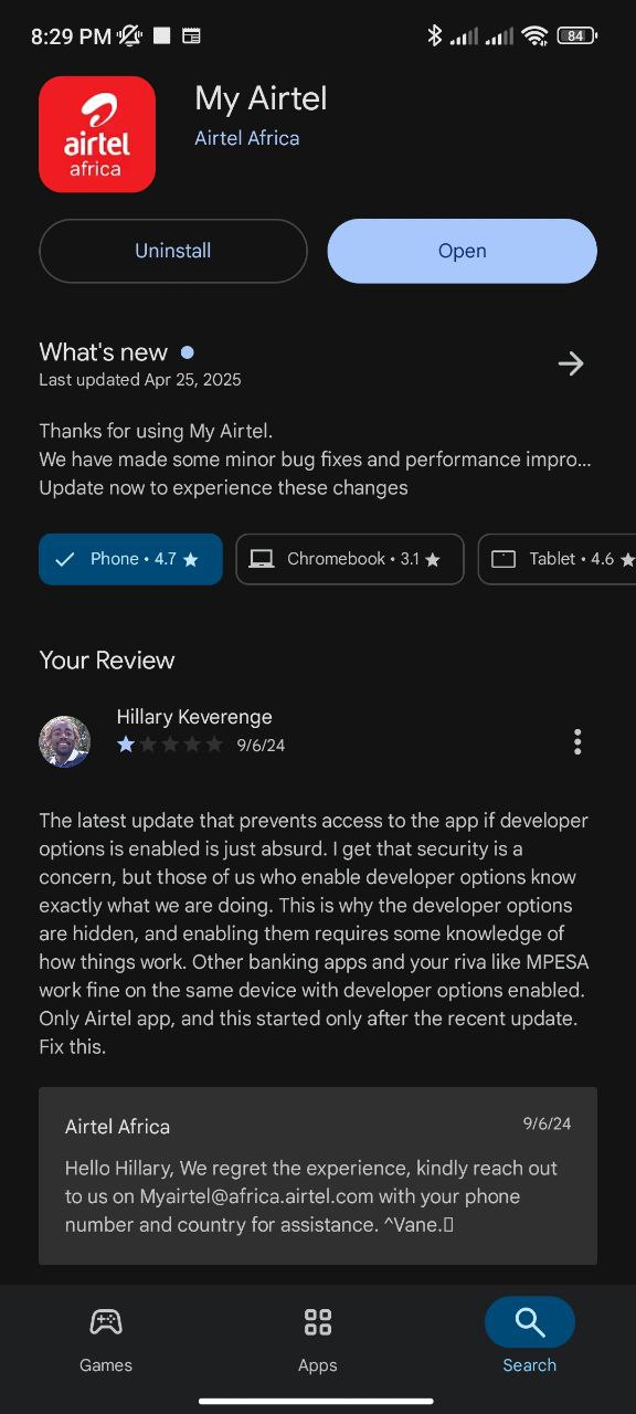 My Airtel app developer options review