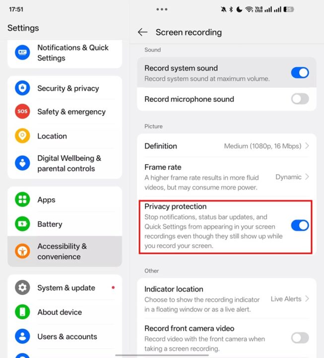 ColorOS 15 screen recording privacy
