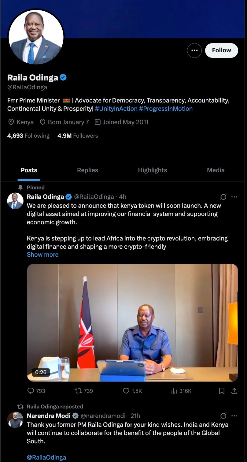 Raila Odinga's verified X account is promoting a "Kenya Token," but crypto experts are urgently warning it's a scam.
