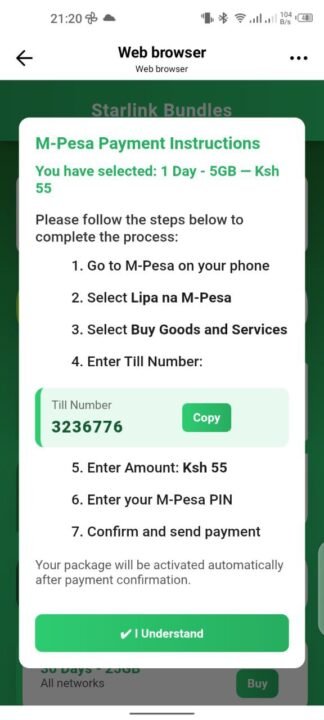 MPESA buy for starlink bundles
