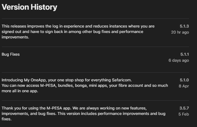 Safaricom-My-OneApp-changelog-on-iOS