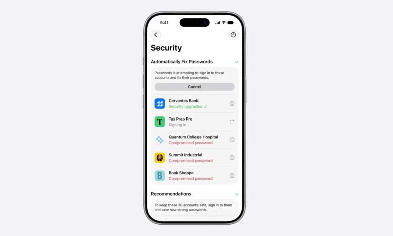 Apple's iOS 27 Passwords app uses Apple Intelligence to automatically find and replace weak or compromised passwords with one tap.