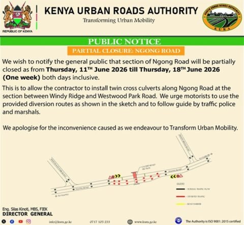 KURA announces 3 major road closures in Nairobi starting this week ...