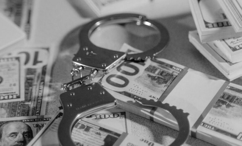 silver handcuffs on top of bundled paper money