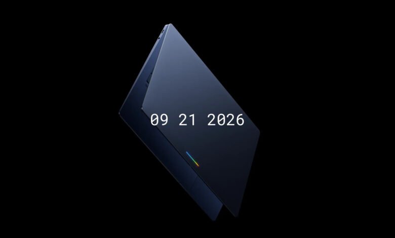 Google opens Googlebook pre-orders on 21 September 2026. The teaser shows a light bar. Magic Pointer is the Gemini feature.
