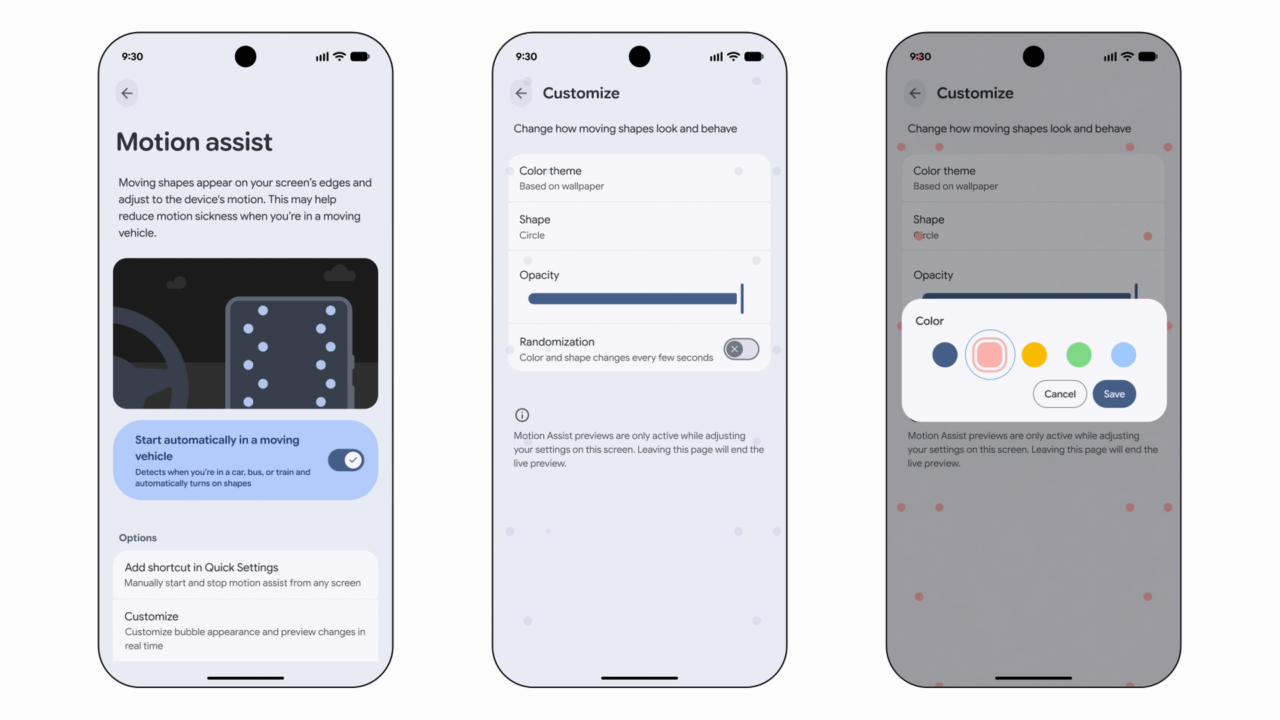Google's Motion Assist now reaches Galaxy phones on Android 17, drawing moving dots at screen edges to ease motion sickness.
