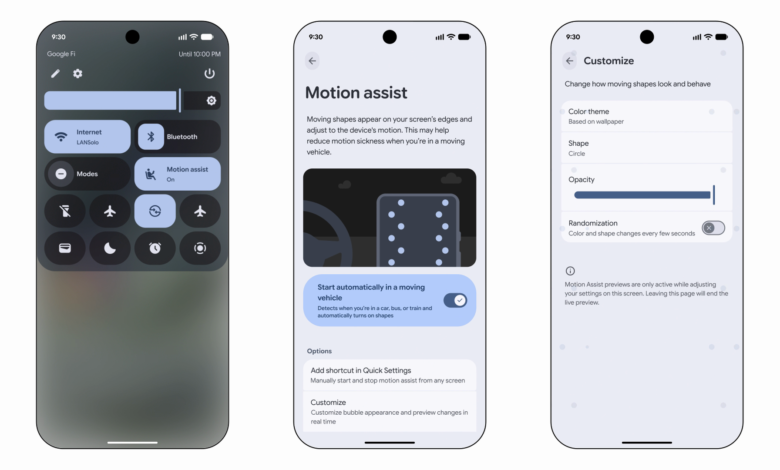 Google's Motion Assist now reaches Galaxy phones on Android 17, drawing moving dots at screen edges to ease motion sickness.