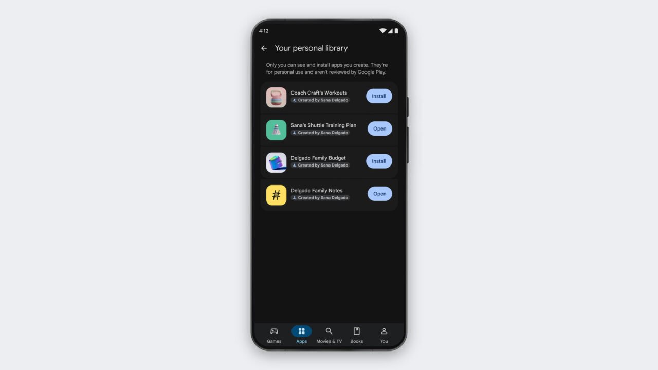 Google Play installs apps you build in Google AI Studio on your phone, no developer account